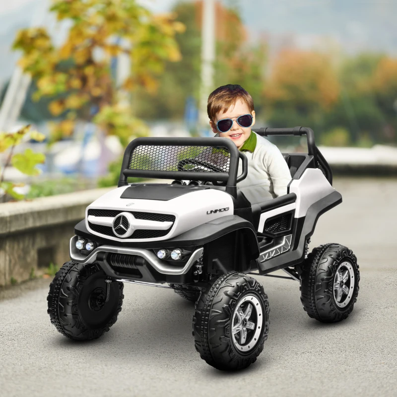 HOMCOM Voiture électrique 4x4 pour enfants de 3 à 8 ans Mercedes-Benz Unimog avec télécommande roues suspendues klaxons blanc