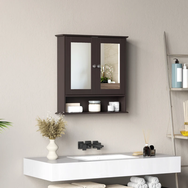 kleankin Armario de Baño con Espejo Armario de Pared con 2 Puertas Estante Abierto Estante Ajustable 56x13x58cm Marrón Oscuro