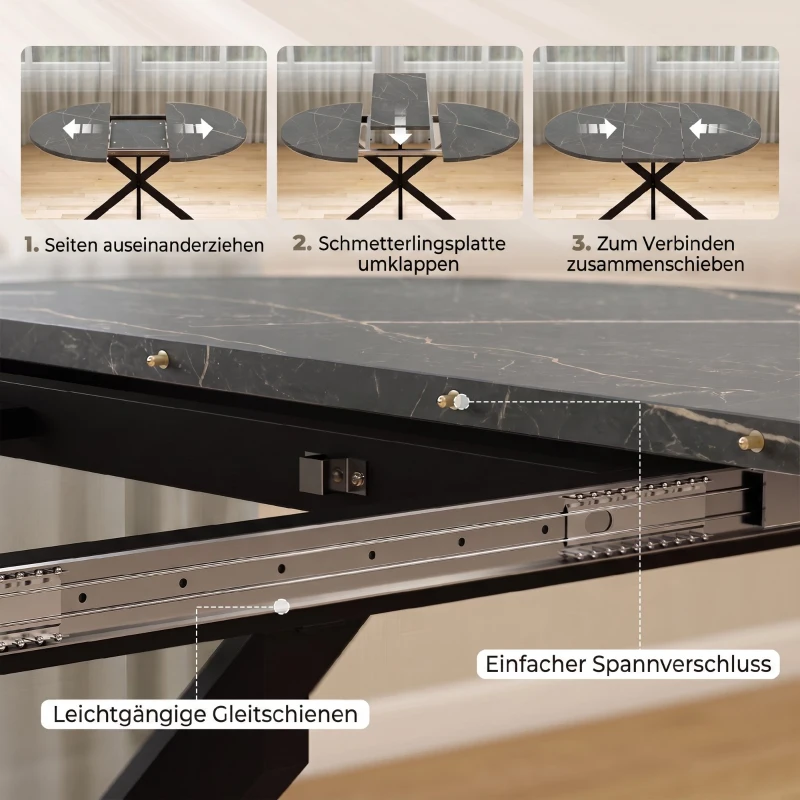 HOMCOM Uitschuifbare eettafel voor 4-6 personen, industriële keukentafel met X-vormige stalen poten, zwart