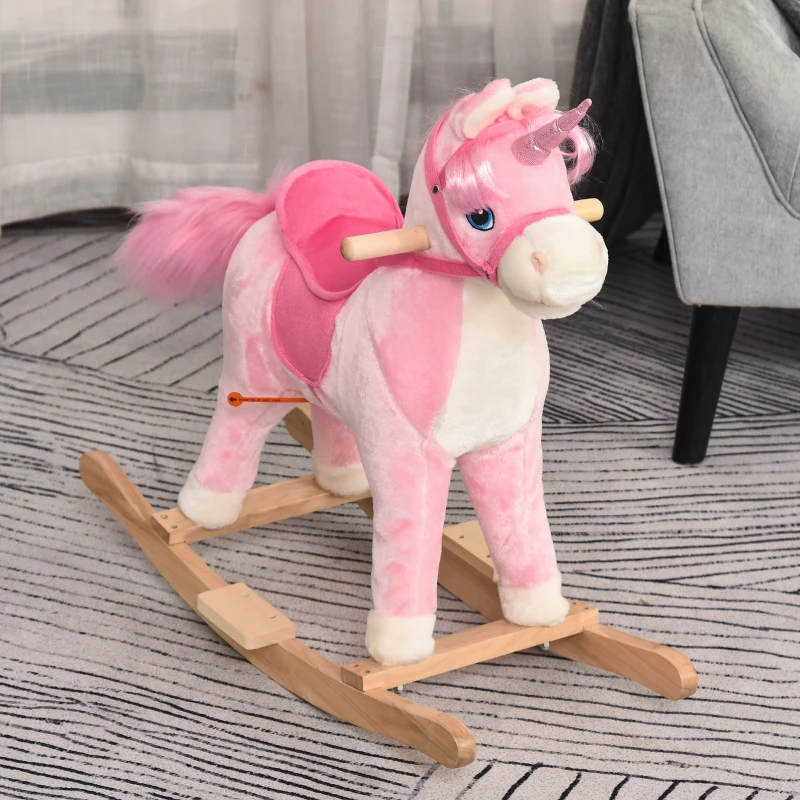 HOMCOM Cheval à Bascule modèle Licorne avec Sons Authentiques Selle Grand Confort Bois de peuplier Rose dim. L74 x l33 x 62H cm