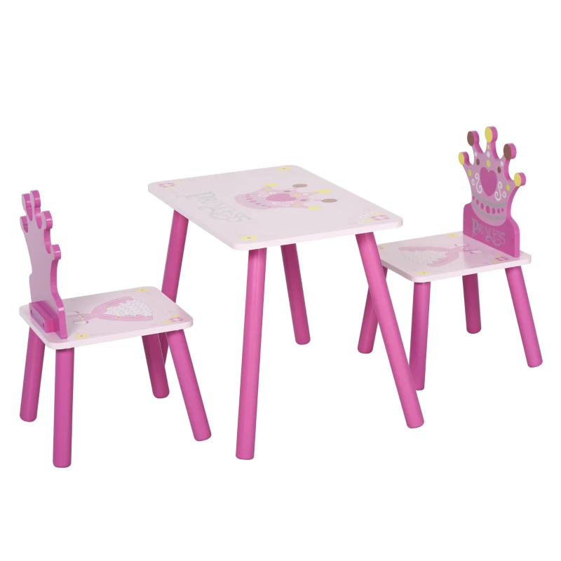 HOMCOM Ensemble table et 2 chaises enfant 3 pièces, pieds en bois massif, table avec chaise motif couronne, pour filles et garçons de 2 à 4 ans, rose