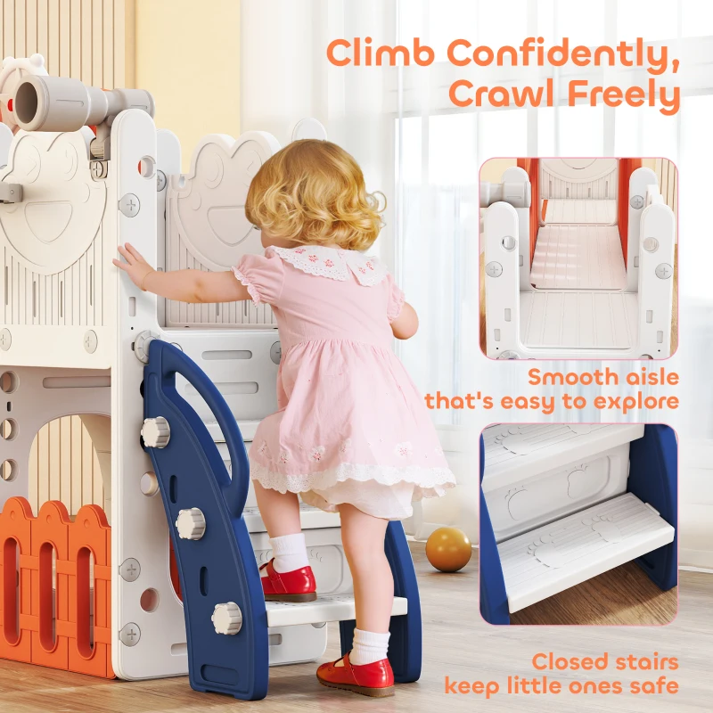 AIYAPLAY 7 in 1 Toddler Slide Set with Basketball Hoop, Climbing Frame, Telescope, Drawing Board, Storage Box, Orange