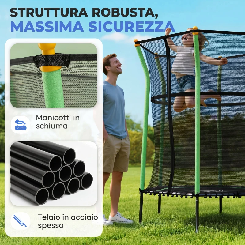 HOMCOM Trampolino Elastico per Bambini 3-10 Anni con Ingresso a Cerniera e Pali Imbottiti, 122x111x190 cm, Verde