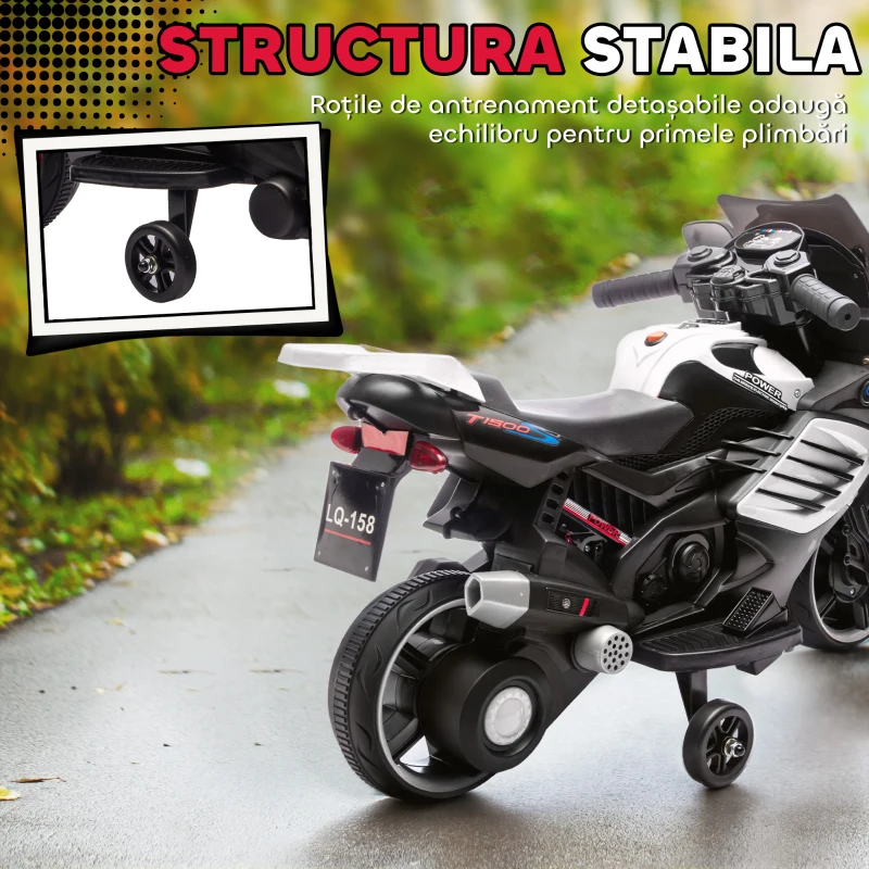 AIYAPLAY Motocicletă electrică pentru copii 6V cu roți ajutătoare detașabile, faruri și muzică, vârsta 18-36 luni, alb