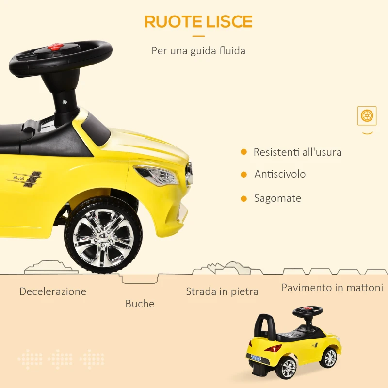 HOMCOM Macchinina per Bambini Cavalcabile con Volante, Fari e Musiche Integrate, Macchina per Bambini in PP e Metallo, 63.5x28x36 cm, Giallo