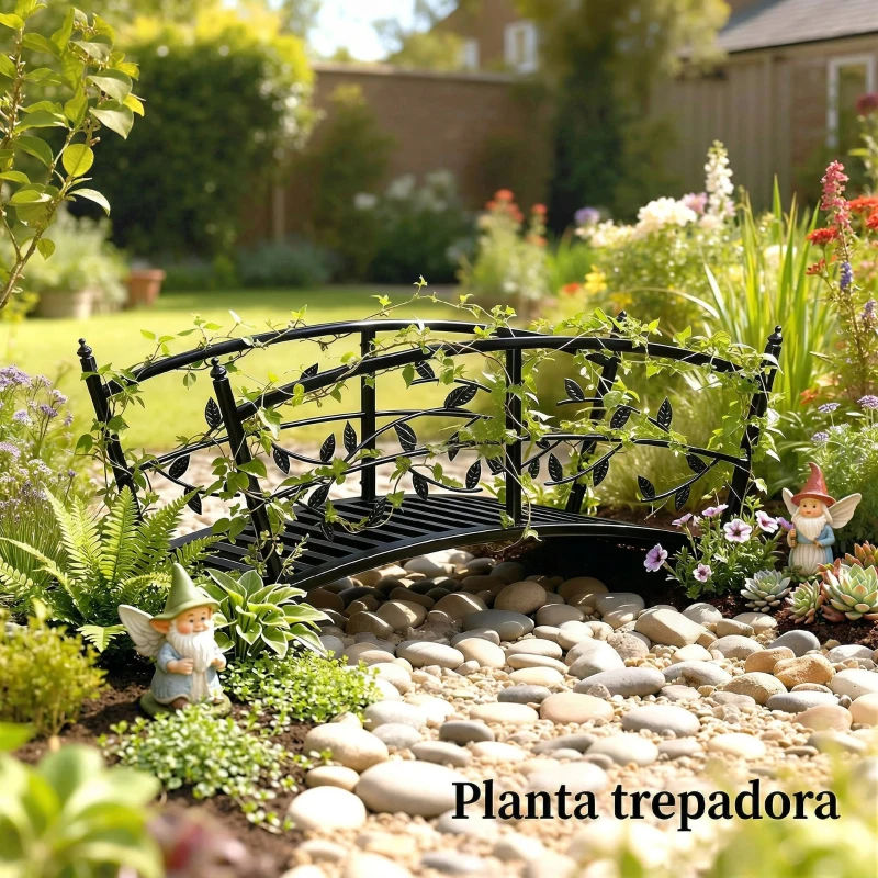 Outsunny Puente de Jardín Metálico 1,2 m Puente Decorativo para Estanques con Barandillas de Seguridad y Diseño de Hojas Negro