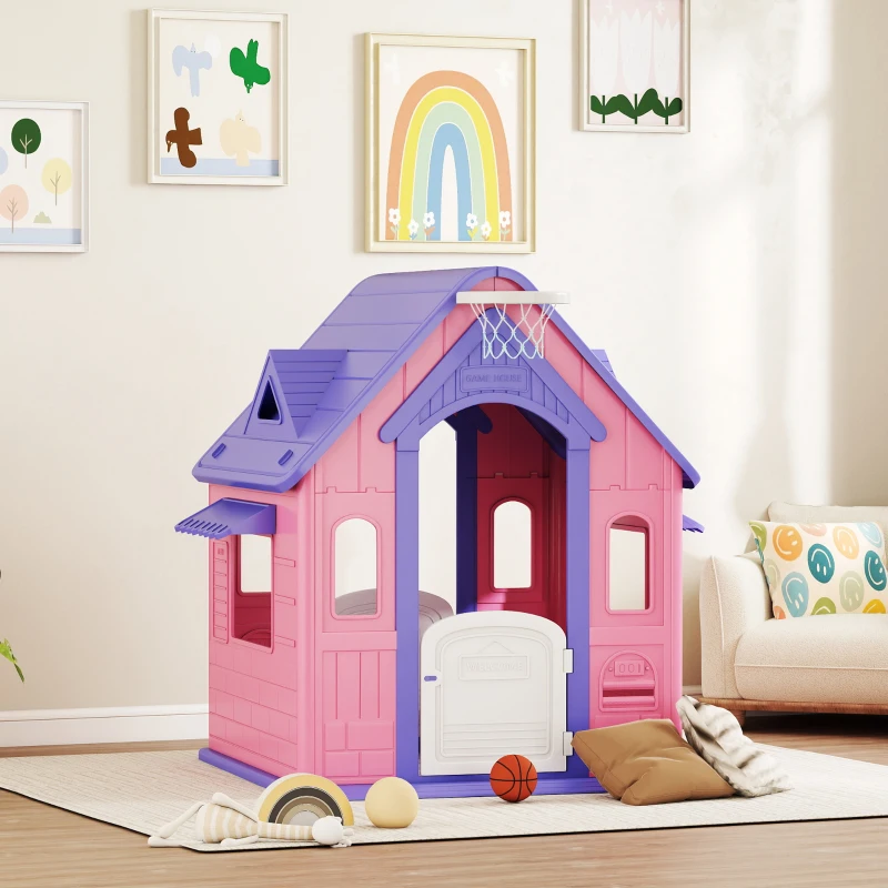 AIYAPLAY Casa de Jogos para Criaanças com Lançamento de Aros e Cesta de Basquetebol 132x118x124 cm Rosa e Roxo