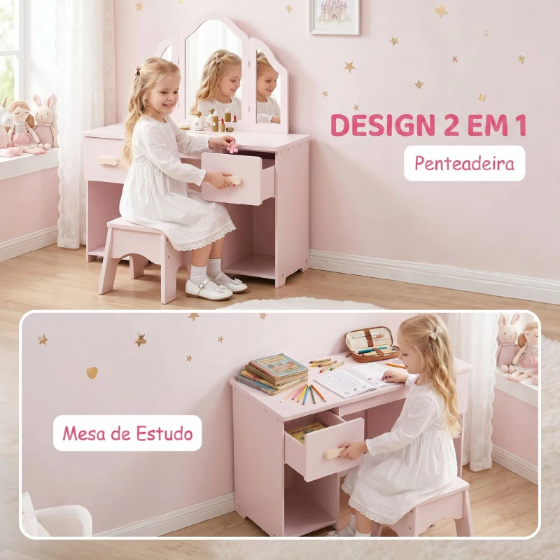 AIYAPLAY Penteadeira Infantil de Maquilhagem com Banco, 3 Espelhos Amovíveis, 2 Gavetas, 2 Armários e 7 Acessórios, Rosa, +3 Anos