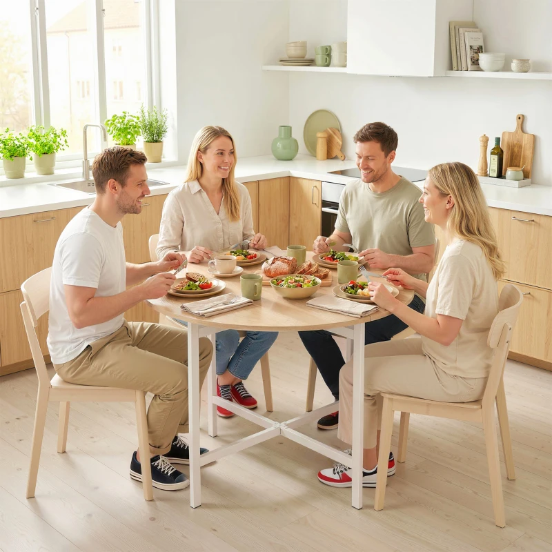 HOMCOM Folding Dining Table, Drop Leaf Extendable Kitchen Table for Small Spaces, Steel Frame, Natural Wood Finish