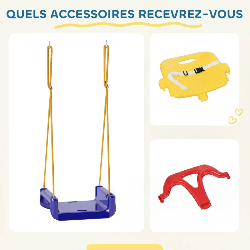 Outsunny Balançoire siège 3 en 1 évolutif pour enfant avec dossier et barre en T amovibles intérieur extérieur hauteur ajustable