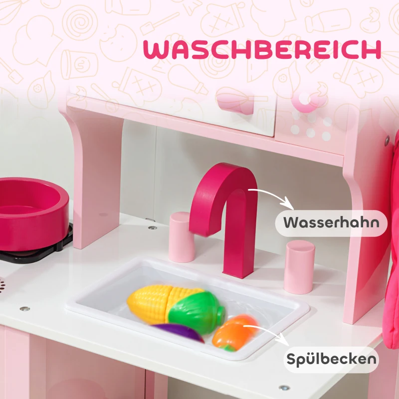 AIYAPLAY Kinderküche zum Spielen, Zubehör aus Holz, Küchengeräte, kompakt, Geräusche, Rosa
