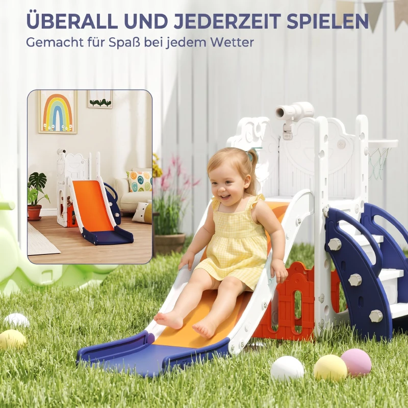 AIYAPLAY 5-in-1 Kinderrutschenset, Teleskop, Basketballkorb, Kunststoff, Orange+Dunkelblau