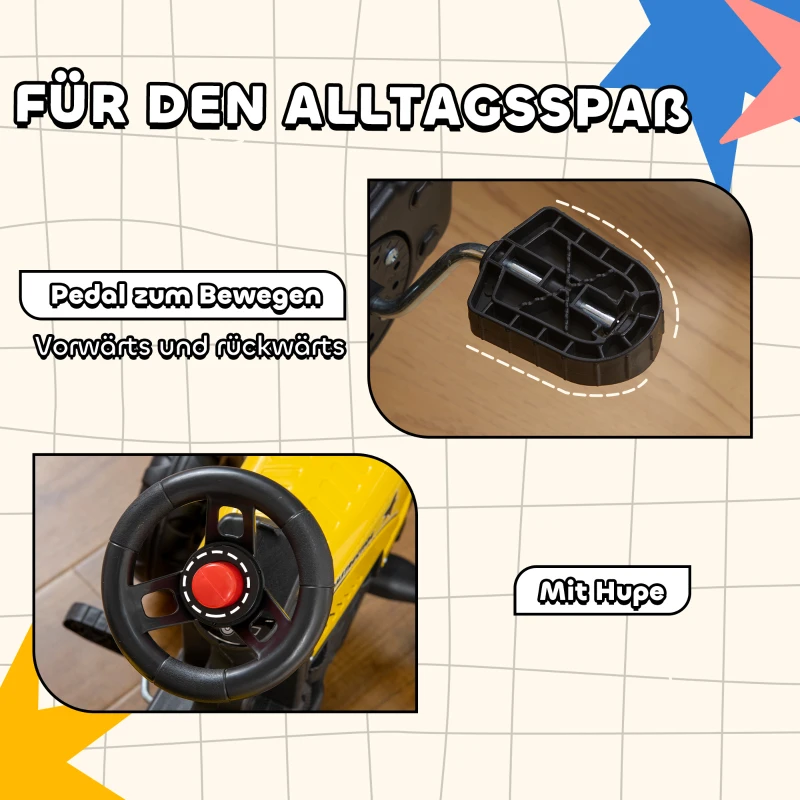 HOMCOM Pedaaltractor met aanhanger, gereedschap, claxon, voor kinderen van 3 jaar en ouder, metalen frame, zwart/geel, 133 x 42 x 51 cm(m-6)