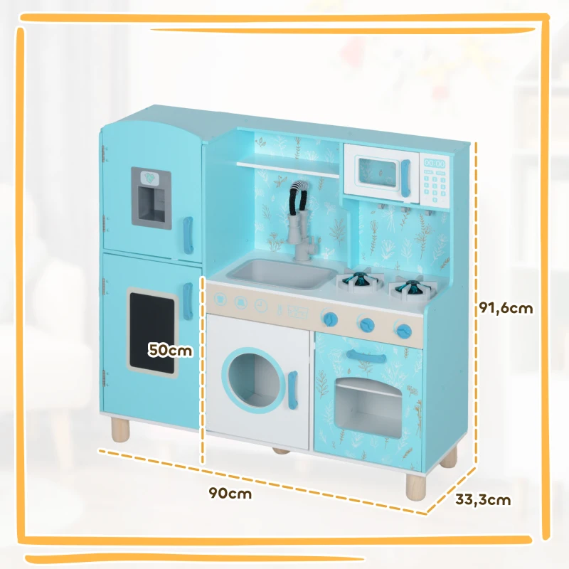 AIYAPLAY Cozinha de Madeira para Crianças com Sons Fogão Forno Micro-Ondas Máquina de Gelo e Acessórios 90x33,3x91,6 cm Azul