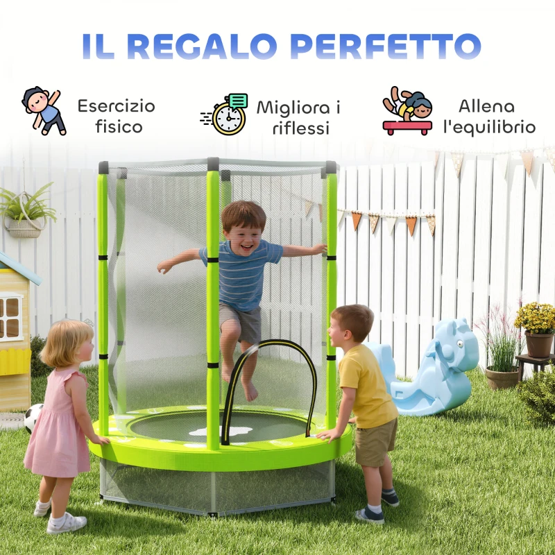 AIYAPLAY Trampolino Elastico per Bambini Ø140 cm con Rete di Sicurezza e Disegni, Età 3-6 Anni, Verde