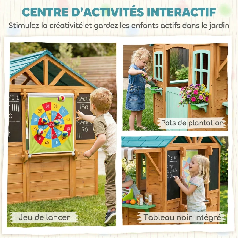 AIYAPLAY Cabane enfant extérieur en bois, maison enfant extérieure, porte-pots, tableau noir, jeu de lancer 4 balles, multicolore