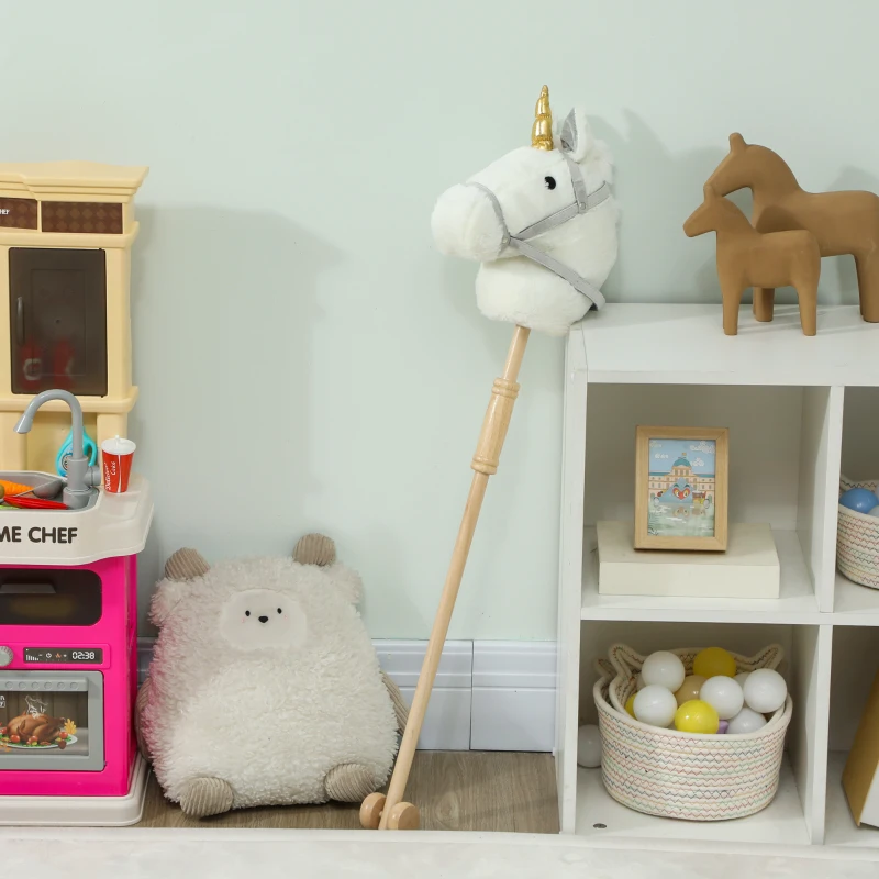 AIYAPLAY Cabeza de Caballo con Palo de Madera Diseño Unicornio Sonidos y Ruedas Caballo de Juguete 95 cm de Altura Blanco