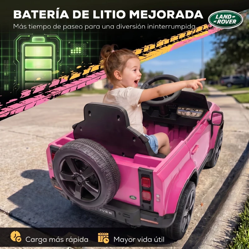 AIYAPLAY Coche Eléctrico SUV para Niños Land Rover Defender 12 V Mando a Distancia Suspensión Arranque Suave 2,7-4,5 km/h Rosa