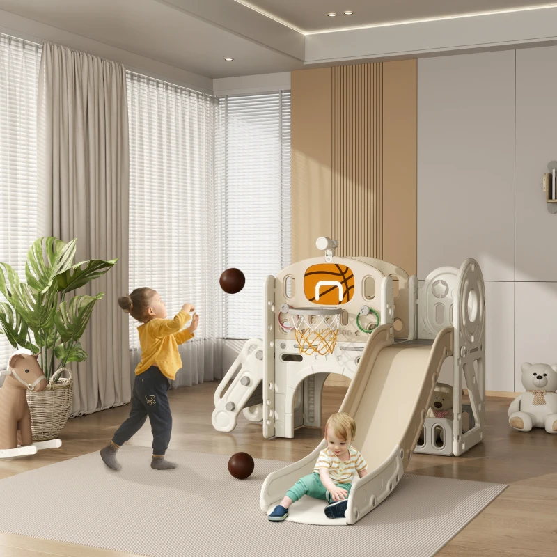 AIYAPLAY Kinderspeeltoestel, 7-in-1 glijbaan, indoor speelparadijs met opbergruimte en kruiptunnel, 186x153x111 cm, crèmewit(m-2)