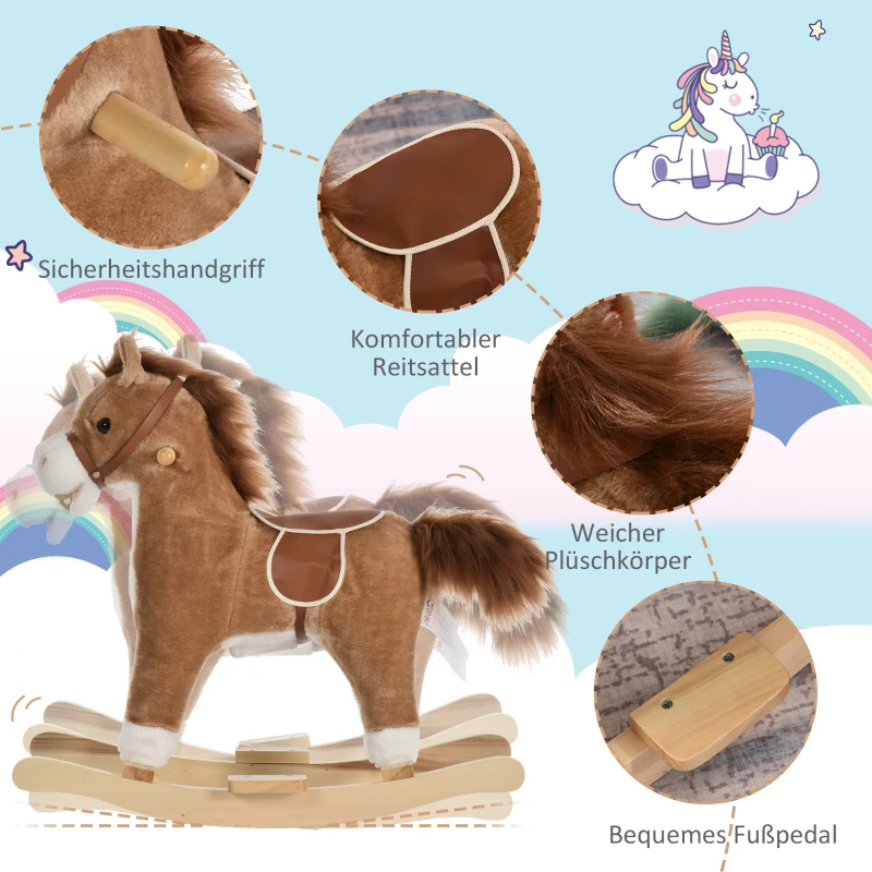 HOMCOM kinderschommel paardpluche bruin 65 x 32,5 x 61 cm met dierengeluiden speelgoed handgrepen(m-6)