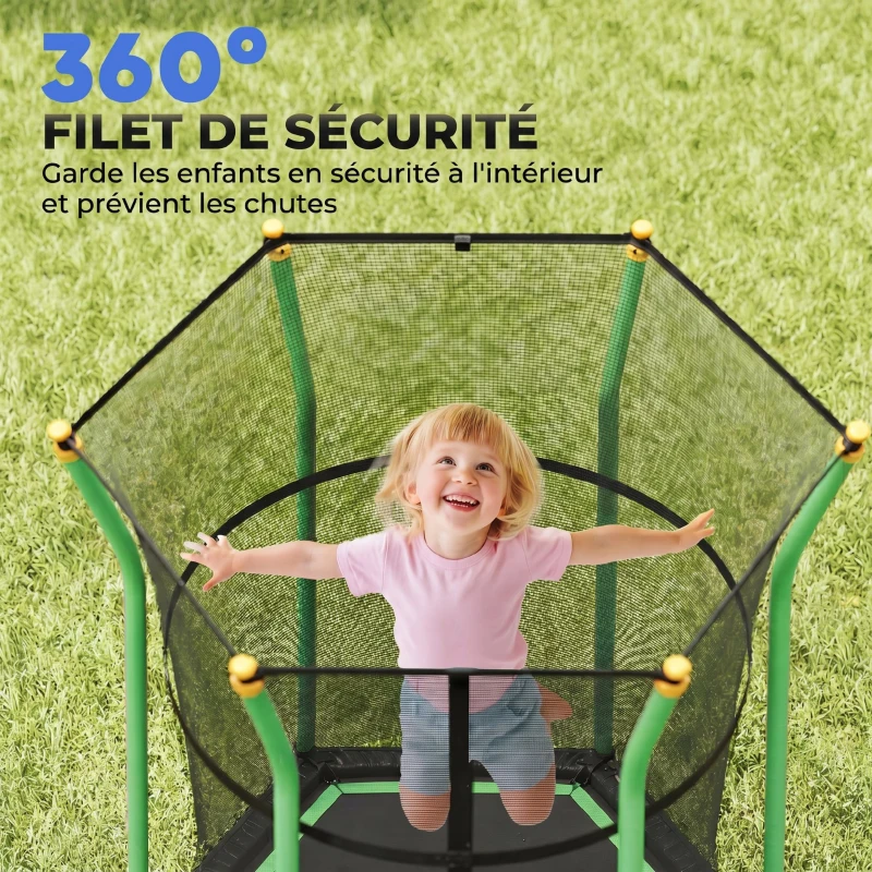 HOMCOM Trampoline pour enfant 1,22 x 1,11 x 1,9 m filet de sécurité porte zippée 6 poteaux rembourrés inclus vert noir