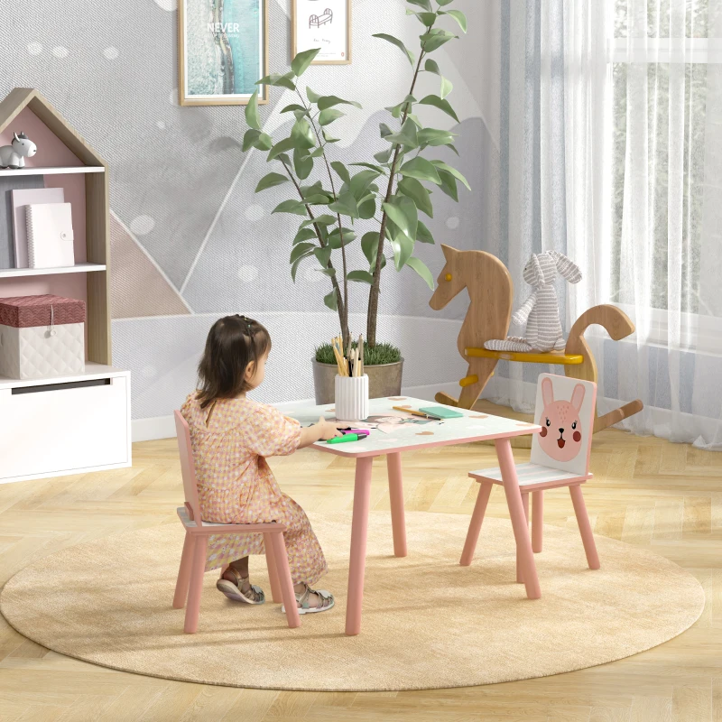 ZONEKIZ Ensemble table et chaises pour enfants, table pour enfant avec 2 chaises, motif animaux pour chambre à coucher rose