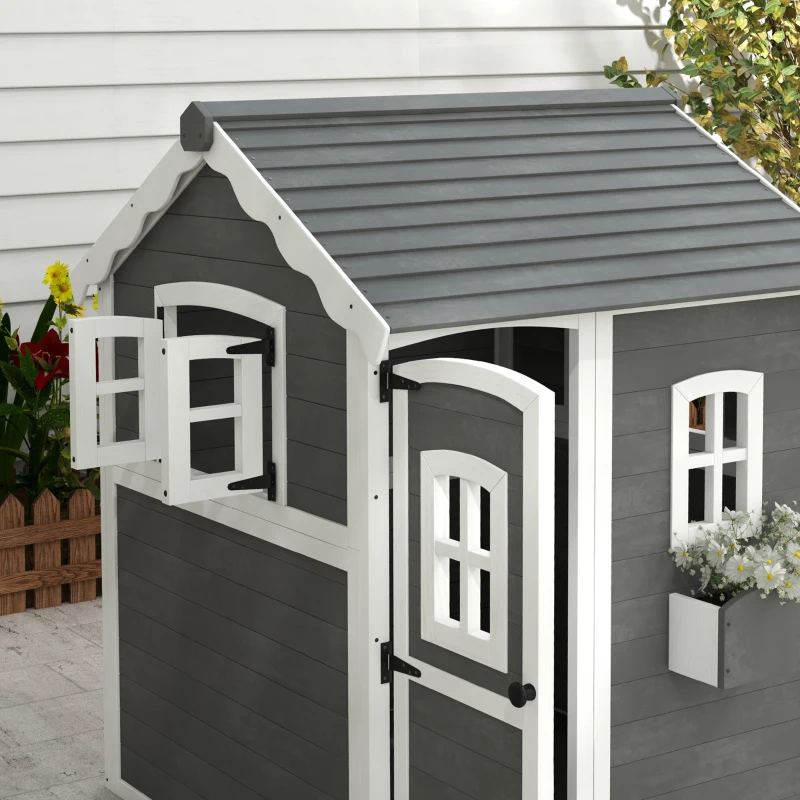 Outsunny Speelhuis voor kinderen, huis voor binnen en buiten met deur, ramen en plantenbak, dennenhout, grijs