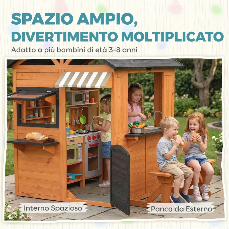 AIYAPLAY Casetta da Giardino per Bambini in Legno di Abete con Snack Bar, Finestre, Mezza Porta, Panca e Tetto Marrone