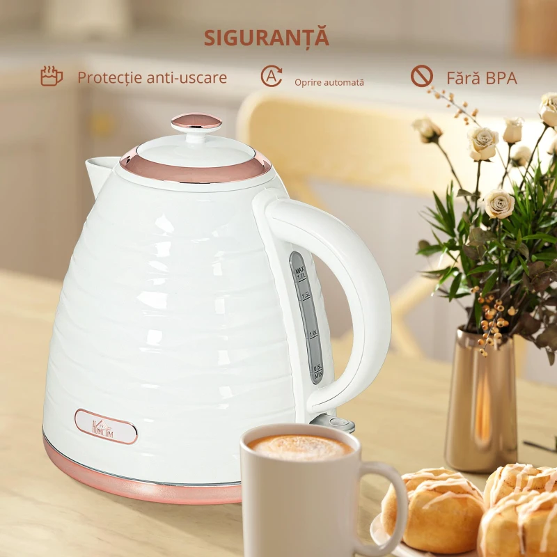 HOMCOM Fierbător electric, 1,7L, 2,2kW, funcție de fierbere rapidă cu filtru anti-calcar detașabil și lavabil