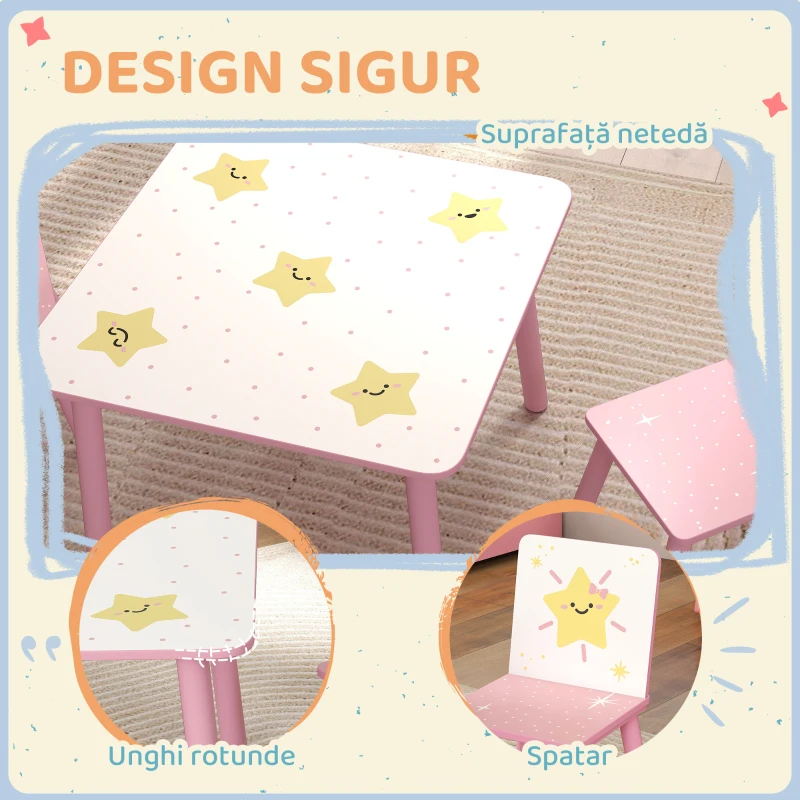 AIYAPLAY Set Mobilier Cameră Copii cu Masă și 2 Scaune pentru Copii de 3-8 Ani cu Model cu Stele, Roz