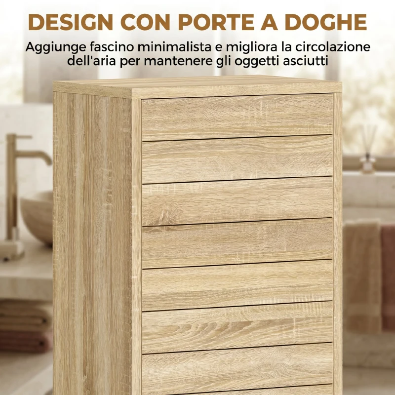 HOMCOM Mobile da Bagno Slim con Porta a Doghe, 3 Ripiani, Finitura Naturale