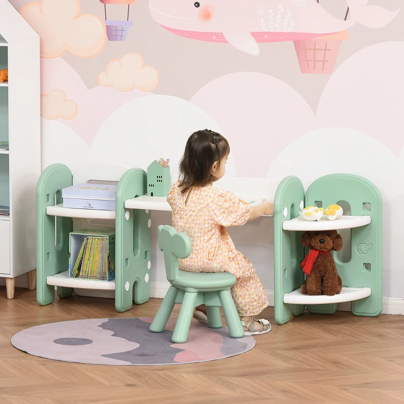 HOMCOM Juego de Mesa y Silla para Niños Pupitre Infantil 2 en 1 con 4 Estantes de Almacenaje para Libros Juguetes 150x35x62,5 cm Verde y Blanco
