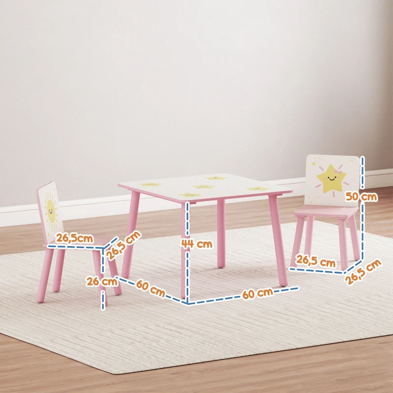 AIYAPLAY Table enfant avec chaise, ensemble table et 2 chaises enfant en bois, motifs d'étoile, 60 x 60 x 44 cm, rose