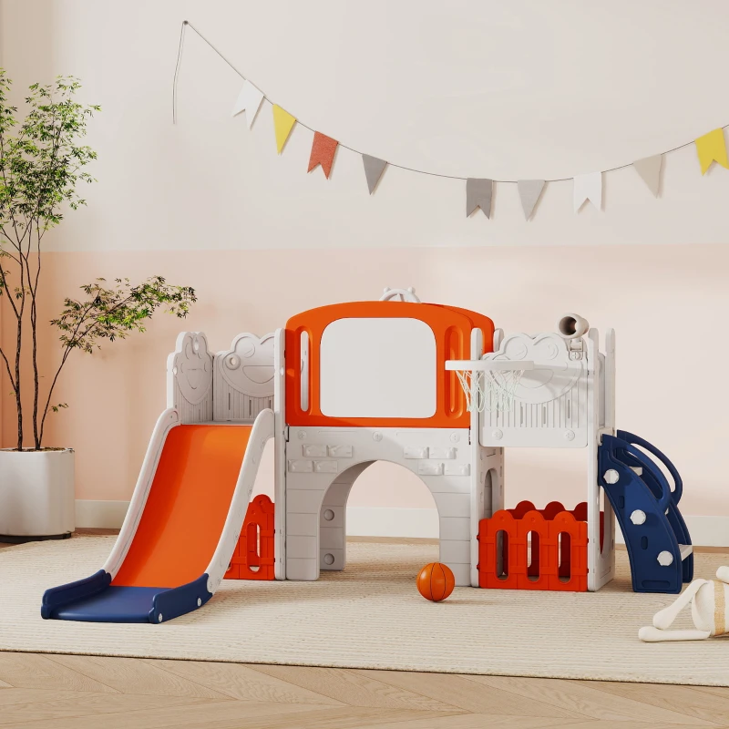 AIYAPLAY 7 in 1 Toddler Slide Set with Basketball Hoop, Climbing Frame, Telescope, Drawing Board, Storage Box, Orange