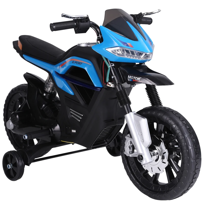 HOMCOM Motocicletă Electrică pentru Copii 6V cu Rotile și Faruri, din PP și Metal, 105x52.3x62.3 cm, Albastru și Negru(m-10)