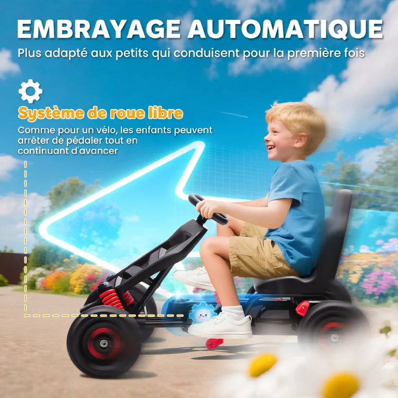 AIYAPLAY Kart à pédales pour enfants, karting enfant 3 à 6 ans avec roue libre, frein, roues EVA antidérapantes, rouge