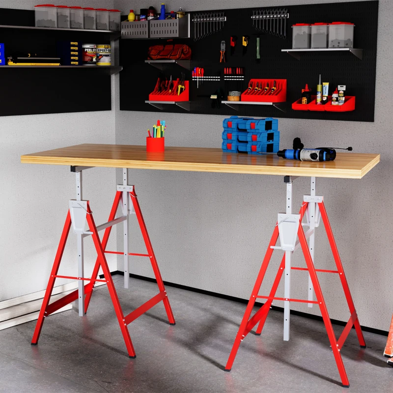 HOMCOM Lot de 2 tréteaux pliables télescopiques hauteur réglable 80-130 cm rouge