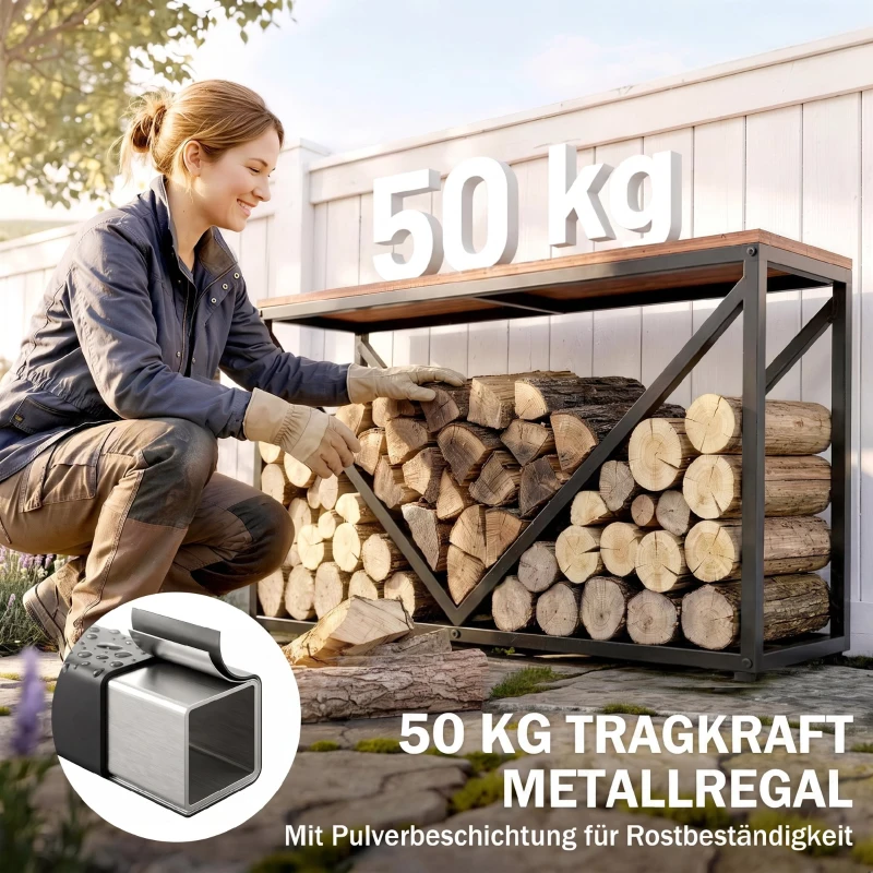 Outsunny 2-in-1 Kaminholzregal für innen 98 x 28 x 50 cm erhöhtes Brennholzregal mit Ablage Trennwand Beistelltisch