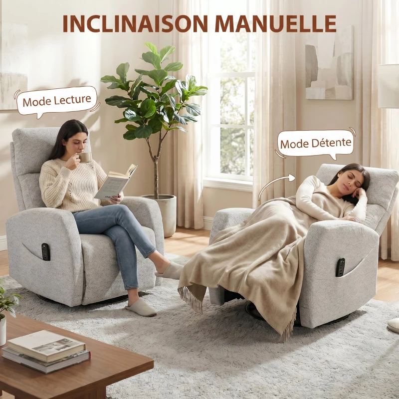 HOMCOM Fauteuil inclinable de massage et chauffage, fauteuil de relaxation en chenille, dossier réglable, pivotant 360°, crème