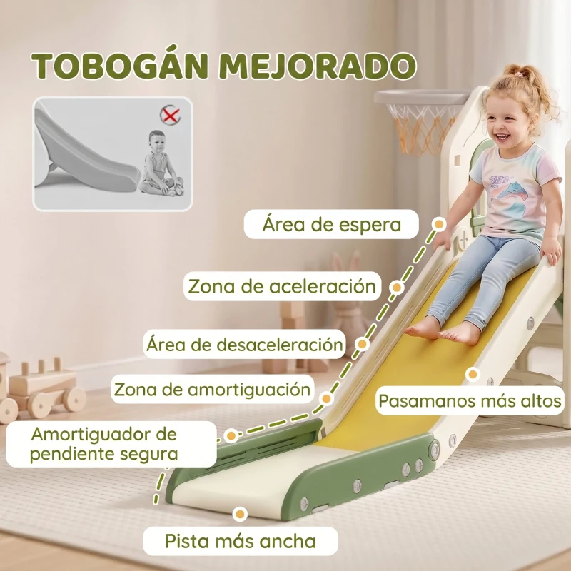 AIYAPLAY Tobogán Infantil Plegable 5 en 1 con Escalador Aro de Baloncesto Pelota Almacenamiento y Peldaños Crema