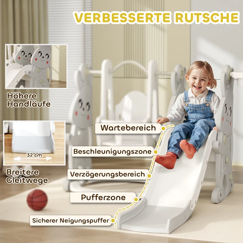 AIYAPLAY 4-in-1 speelset voor peuters, glijbaan, schommel, klimrek, basketbalring, kunststof, konijnendesign, Grijs