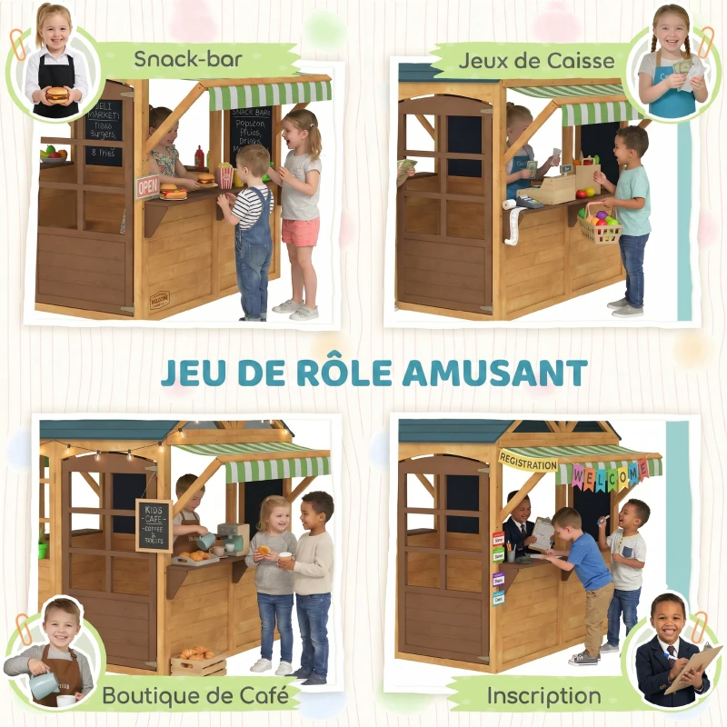 AIYAPLAY Cabane enfant extérieur pliable avec porte, fenêtres, stations de service, auvents de pluie, tableaux noirs, jaune