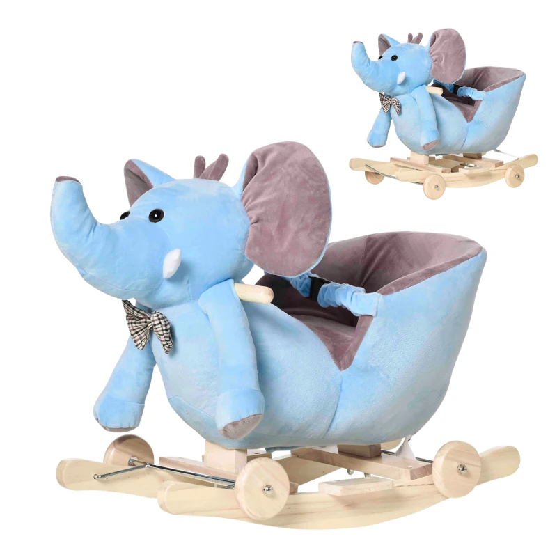 HOMCOM 2 In 1 Plush Baby Ride on Rocking Horse Elephant Rocker with Wheels Wooden Toy for Kids 32 Songs for 18+ Months (Blue)