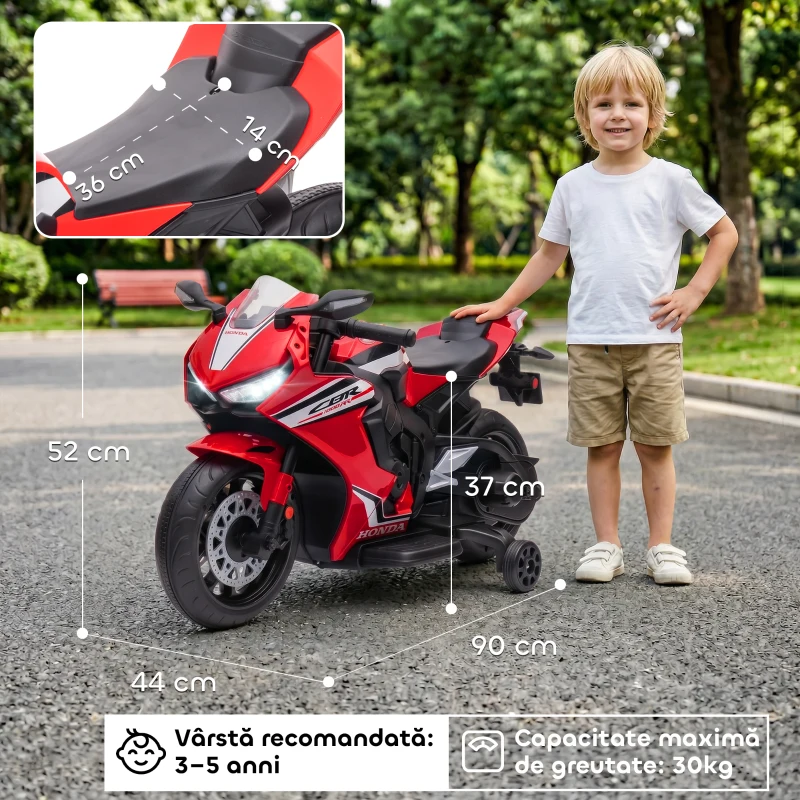 HOMCOM Motocicletă Electrică pentru Copii cu Licență HONDA, Baterie Reîncărcabilă 6V, Viteză 3km/h, Roșie(m-3)