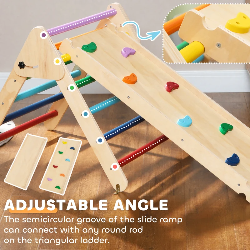 AIYAPLAY Toddler Climbing Frame for Kids with Ramp, 3 in 1 Wooden Pikler Triangle Set for 18-48 Months, Multicolour