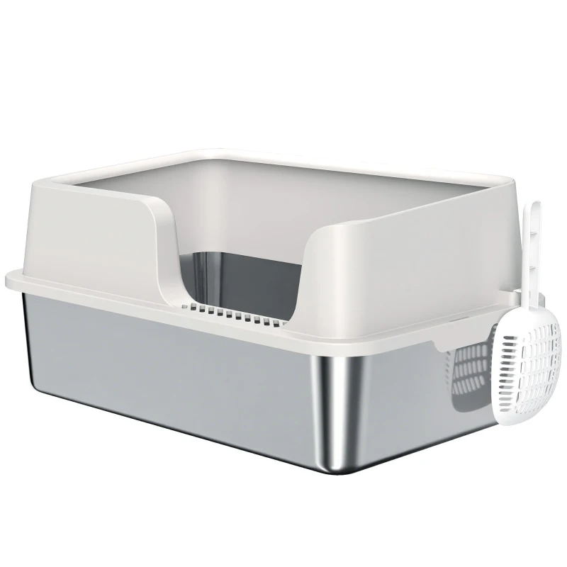 PawHut Stainless Steel Litter Box with Detachable Rim, Scoop, Easy Cleaning, Odour-Resistant, 60 x 40 x 28 cm