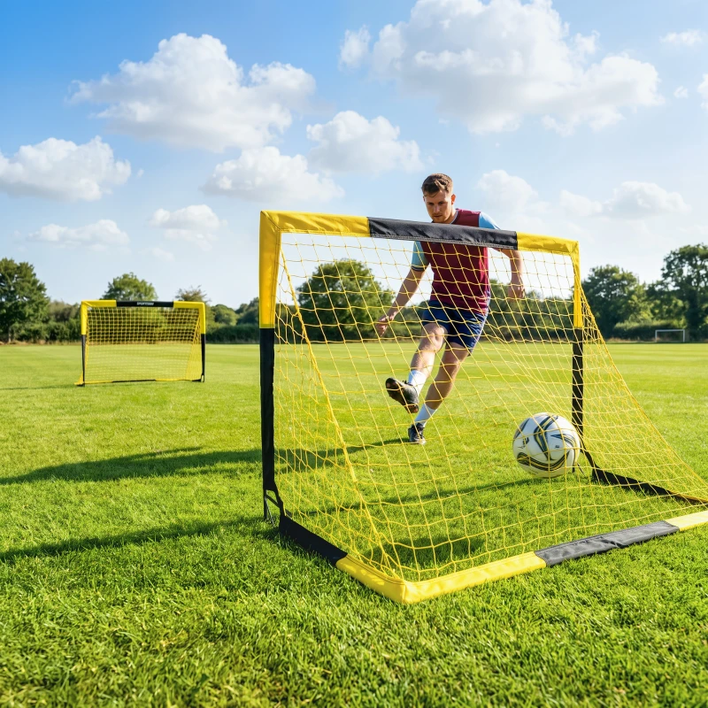SPORTNOW Set of 2 Pop Up Football Goal, Portable Folding Football Net with Carry Bag, 8 U-Shaped Ground Stakes, Fibreglass Pole