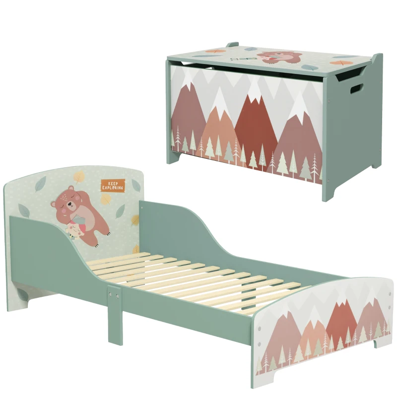 ZONEKIZ Conjunto para Crianças Inclui 1 Cama Infantil de Madeira Carga Máx. 40 kg 143x77x60 cm e 1 Baú de Brinquedos 60x37x39 cm Verde