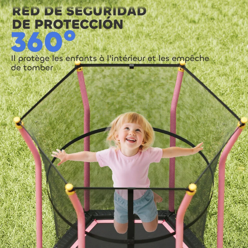 HOMCOM Cama Elástica Infantil Trampolín para Niños +3 Años con Red de Seguridad 122x111x190 cm Rosa