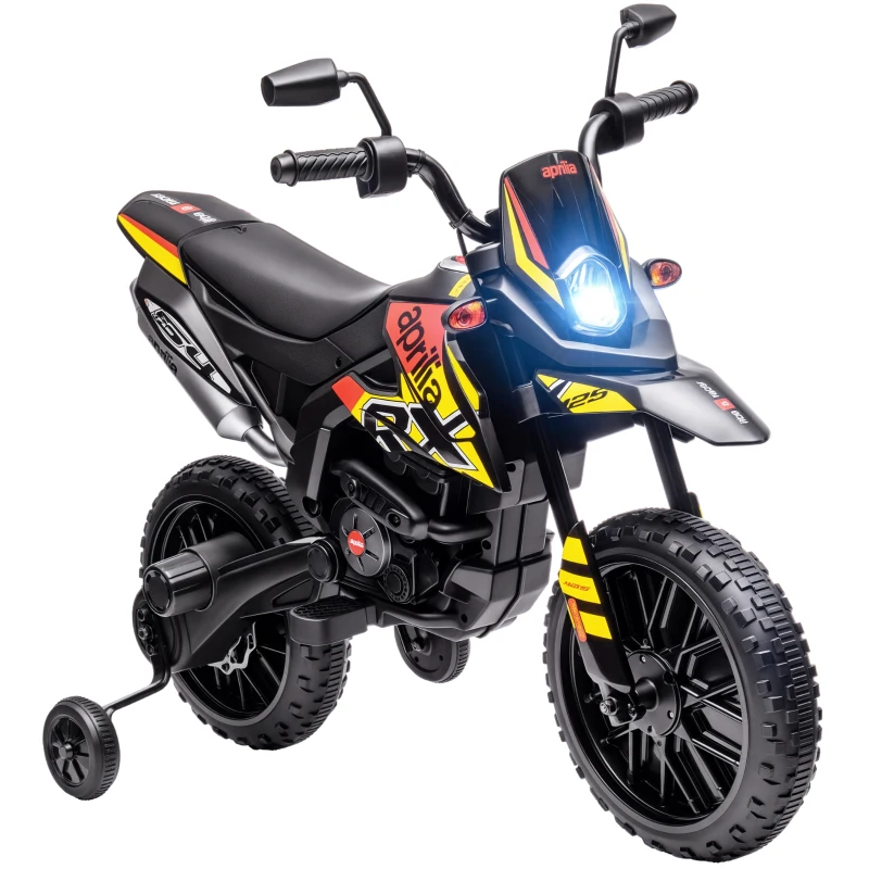 AIYAPLAY Moto électrique enfants sous licence Aprilia avec 2 moteurs 12V, roues d'entraînement, lumière LED, musique - jaune